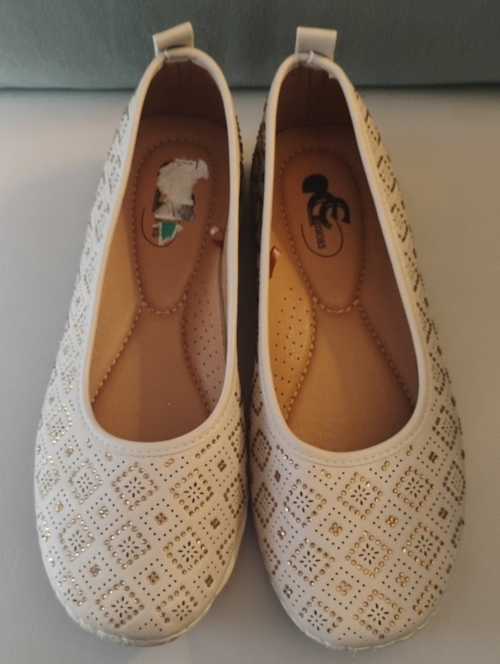 Women's White Perforated Slip-On Flats with Gold Accents